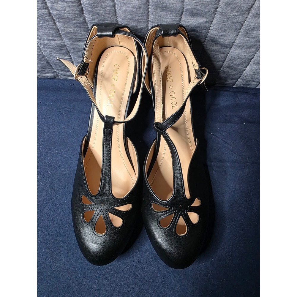 637 Chase + Chloe Kimmy-36 Black T-Strap Pumps Vintage Style Cutout Heels Wom 11